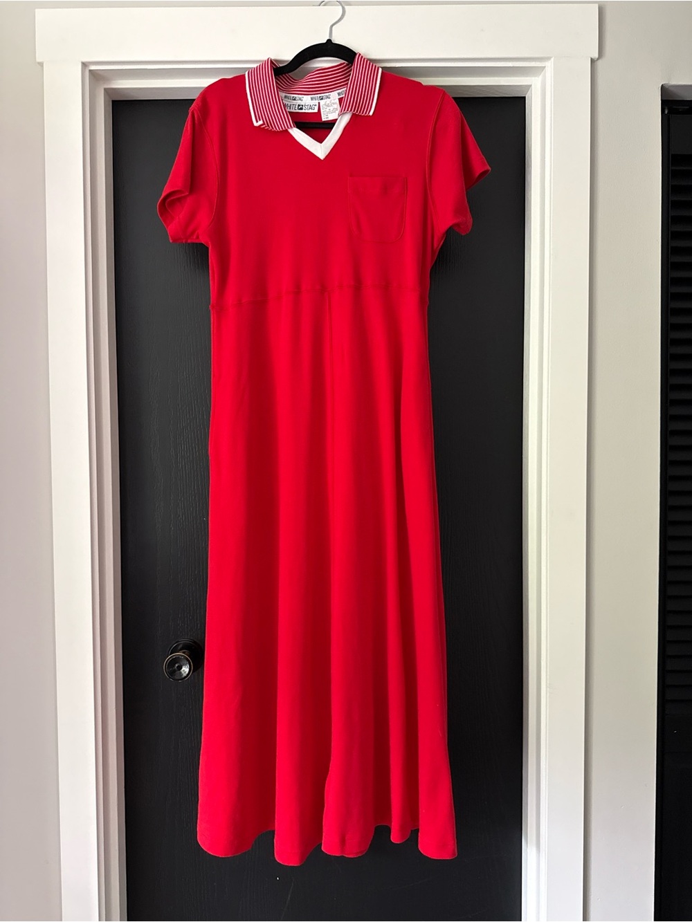 Red V-Neck Polo Maxi Dress with Stripe Collar & POCKETS